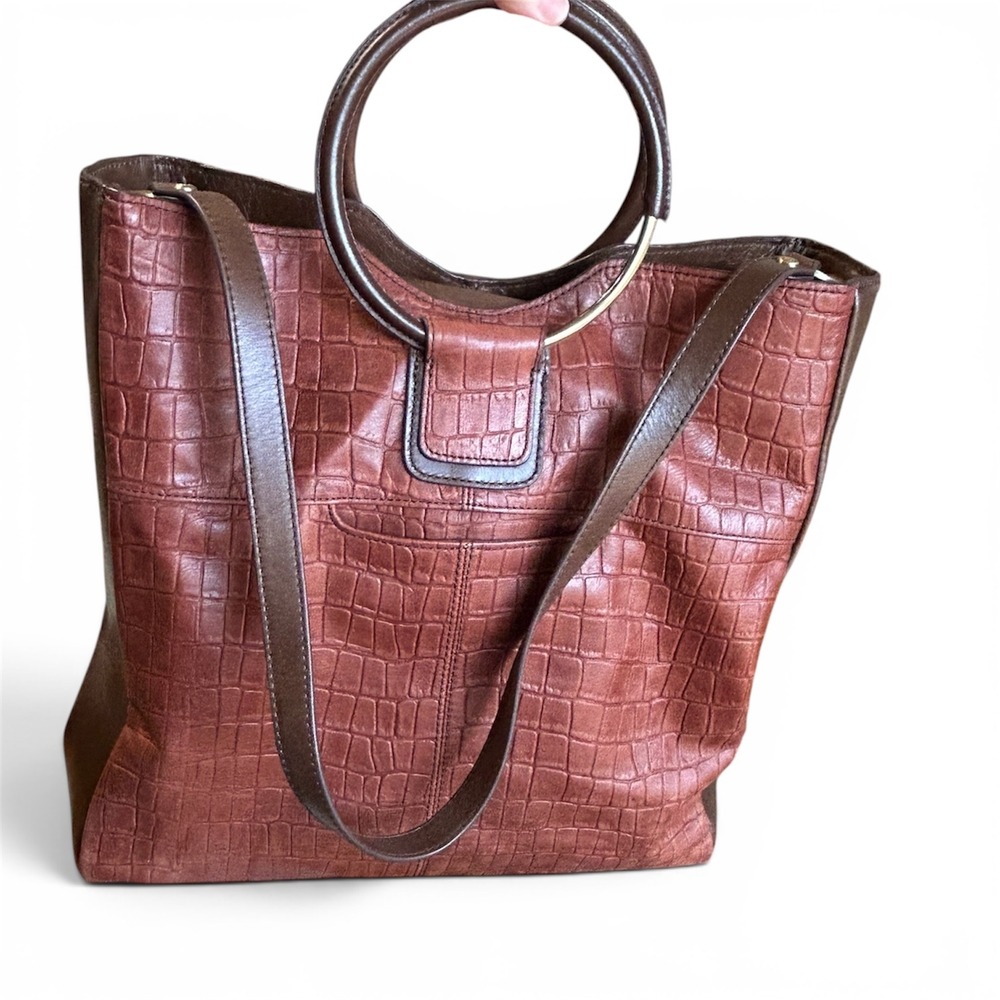 HOBO‎ Brown Embossed Croc Leather Tote Shoulder Bag Round Handle Large Zip